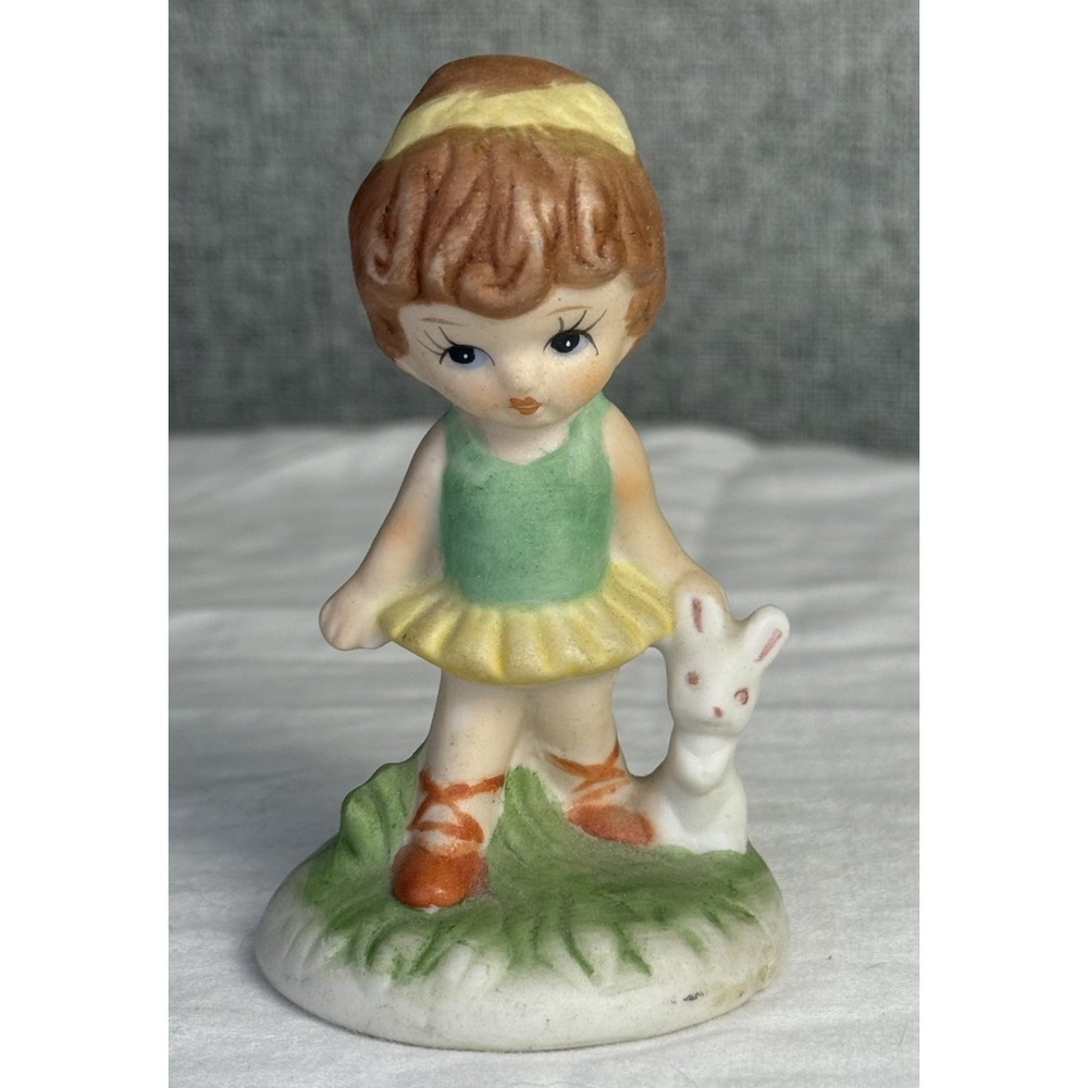 Vintage 80s Enesco Ballerina Girl Bunny Figurine Green‎ Yellow White Made Taiwan